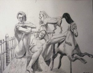 1992 Two Models with Folk Art Horses Pencil 26 x 30