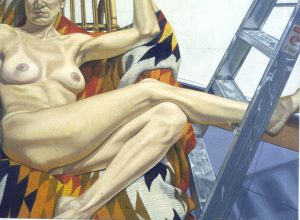 1996 Nude with Navajo Rug and Aluminum Ladder Oil on Canvas 46 x 48