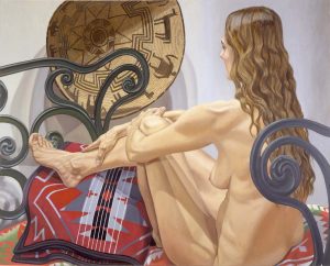 1996 Nude with Navajo Basket and Cast Iron Bed Oil on Canvas 48 x 60