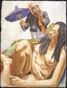 1998 Model and Burmese Puppet with Umbrella Watercolor on Paper 30.25 x 22.375