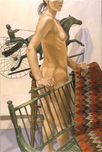 1999 Model with Green Bench and Harness Racer Oil on Canvas 60 x 40