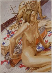 2000 Male and Female Models with Model of Tall Ship Watercolor on Paper 41.375 x 29.625