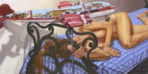 2005 Model on Cast Iron Bed with Weathervane Airplane #1 Oil on Canvas 36 x 72