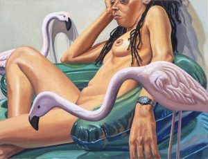 2005 Model with Two Cement Flamingos Oil on Canvas 26 x 34