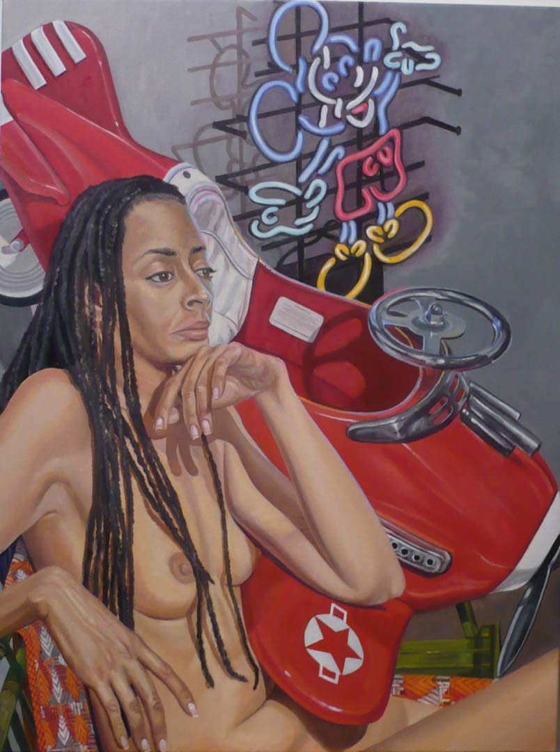 2009 Model With Kiddie Car Airplane and Neon Mickey Oil on Canvas 24 x 18