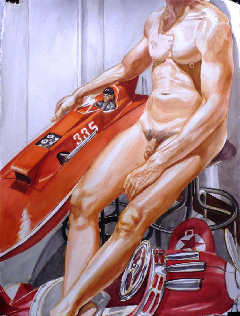 2010 Nude Male with Kiddie Car Airplane and Model Speedboat Watercolor on Paper 30 x 22.5