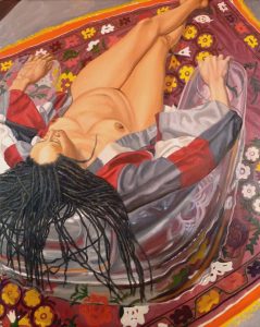 2011 Model with Kimono on Clear Plastic Chair and Floral Rug Oil on Canvas 60 x 48