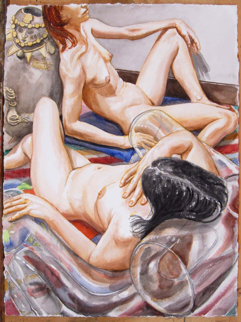 2011 Two Models with Peruvian Medicine Man (Study 2) Watercolor on Paper 30 x 22.5