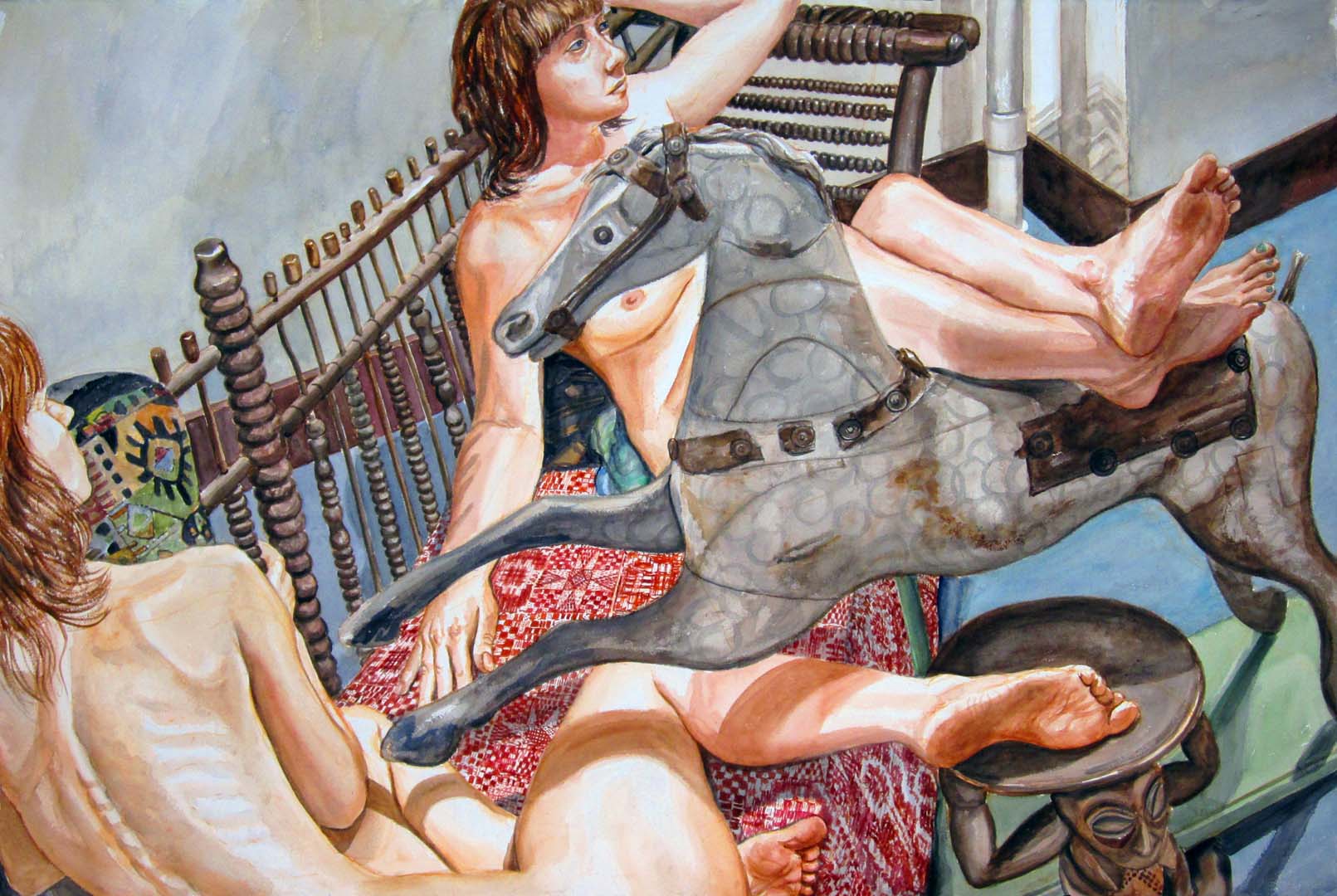 2012 Two Models on Folk Art Settee with Rocking Horse Watercolor on Paper 40 x 60