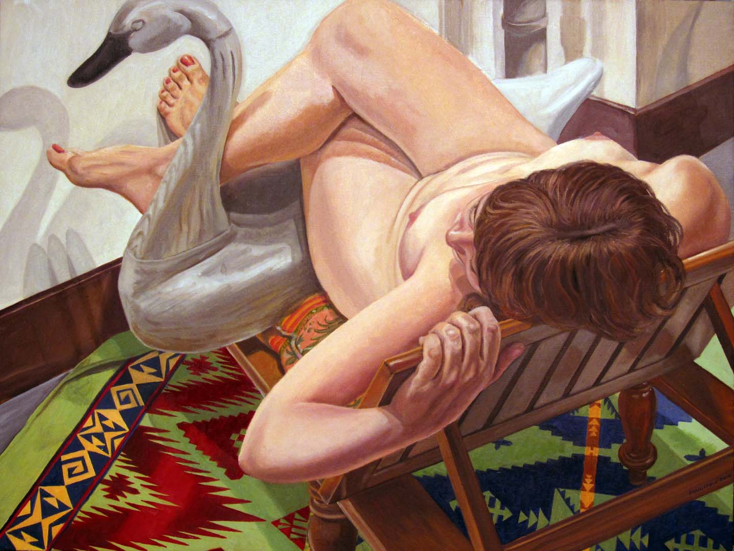 2013 Model on Wooden Lounge with Swan Oil on Canvas 30 x 40