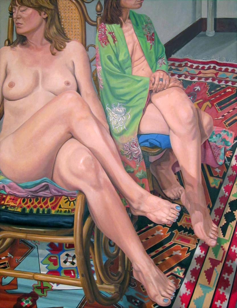 2013 Two Female Models Sitting with Legs Crossed and Kazak Rug Oil on Canvas 84 x 60