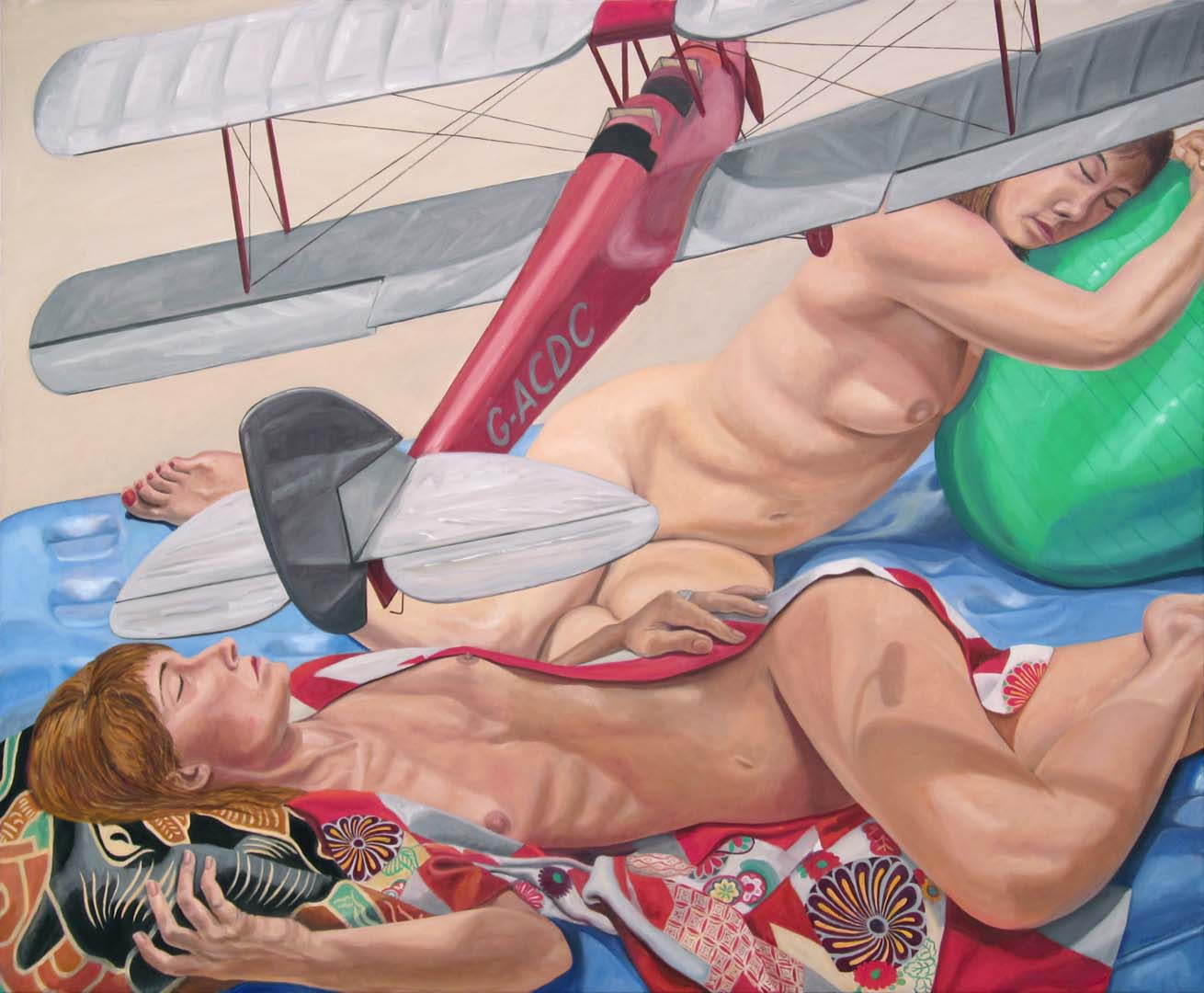 2014 Models Lying Down with Model Biplane and Exercise Ball Oil on Canvas 48 x 60