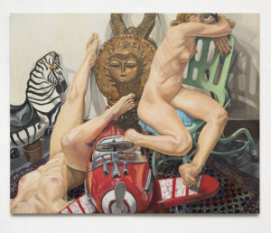 Two Models, Kiddie Car, Airplane, Zebra and African Mask, Oil on Canvas, 48x60