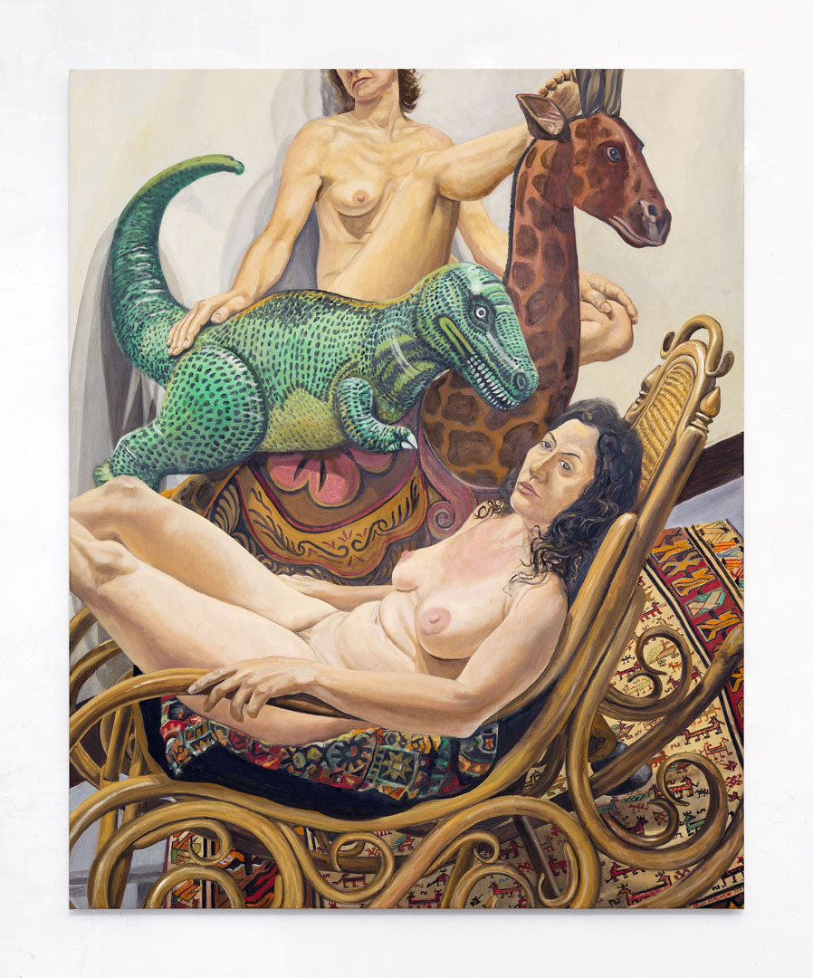 Two Models with Giraffe, Dinosaur and Bent-Wood Rocker, Oil on Canvas, 60x48