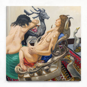 Model on Horn Chair and Model on Athletic Ball on Navaho Rug with Stag and Duck Decoys, Oil on Canvas, 60x60