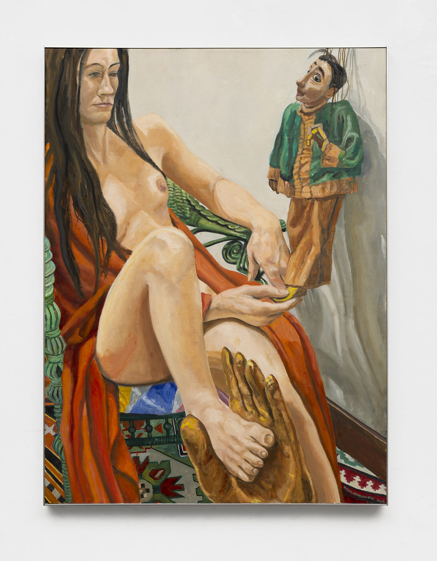 Model in Robe with Burmese Marionette, Oil on Canvas, 30 x 24