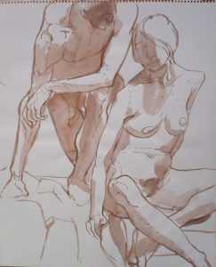 Female Model Seated in Front of Leaning Male Model Sepia 12 x 14