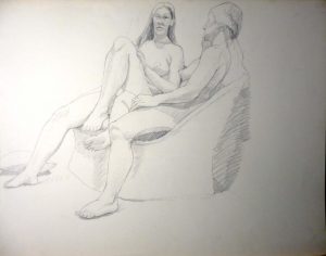 Female Models Seated in Basket Chair Pencil 22.5 x 28.5