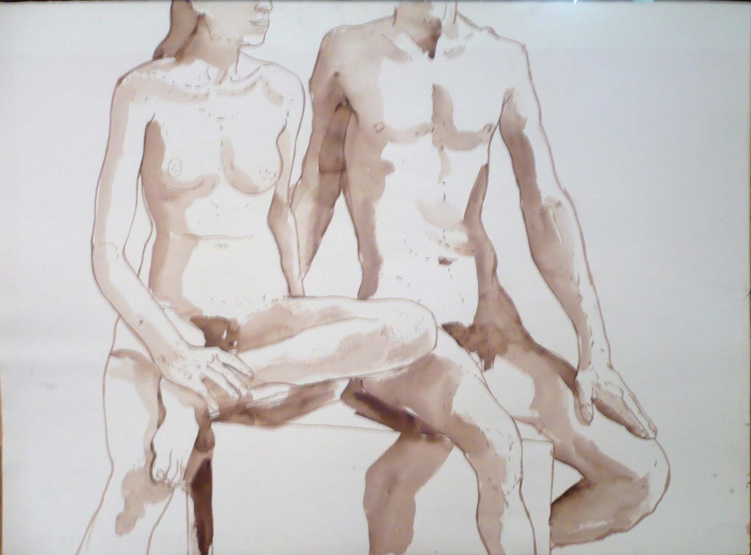 Female and Male Models Seated on bench Sepia 22 x 30