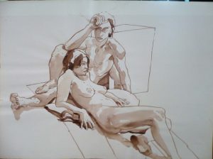 Leaning Male and Female Models Sepia 22.125 x 29.875