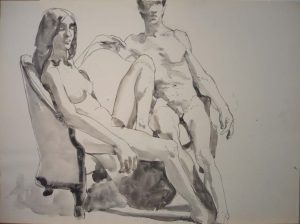 Male and Female Models Sitting on Sofa Watercolor 22 x 29.75