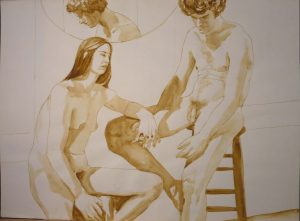 Male and Female Models on Stools with Mirror Sepia 22 x 29.875