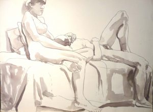 Seated Female Model and Reclining Male Model Sepia 22 x 29.875