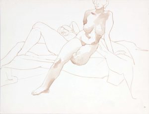 Seated Female Model in Front of Reclined Female Model Wash 17.375 x 22.875