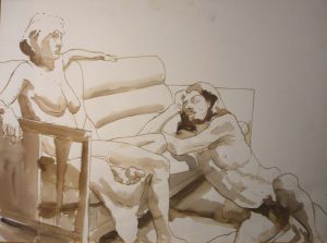 Seated Female Nude and Male Nude Leaning on Couch Sepia 22 x 29.875