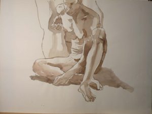 Seated Male Nude Leaning Against Chair Sepia 22 x 29.875