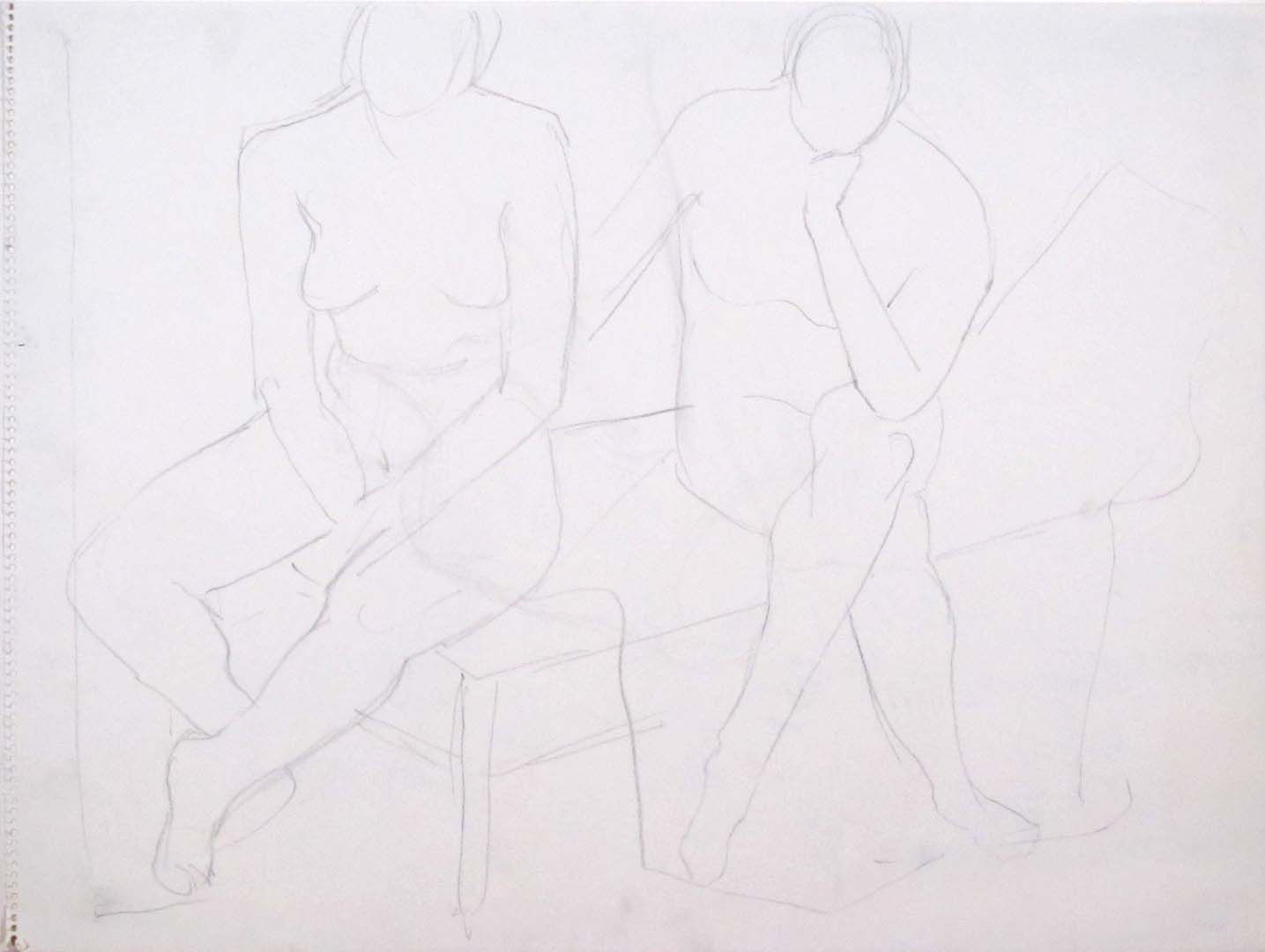 Seated Nudes on Bed Pencil 16 x 24