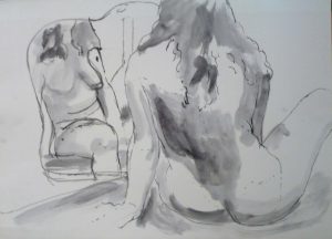 Seated Nude with Mirror Black Ink Wash 22 x 30