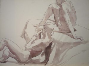 Sitting Male and Female Nudes Sepia 22.25 x 29.875