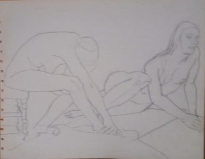 Two Female Models with Chair Pencil 10.75 x 13.75
