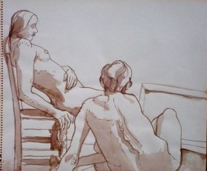 Two Seated Female Nudes with Chair Sepia 14 x 17