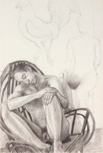 Two Seated Nudes with Wooden Rocking Chair and Rooster Charcoal on Paper 29.875 x 20.25