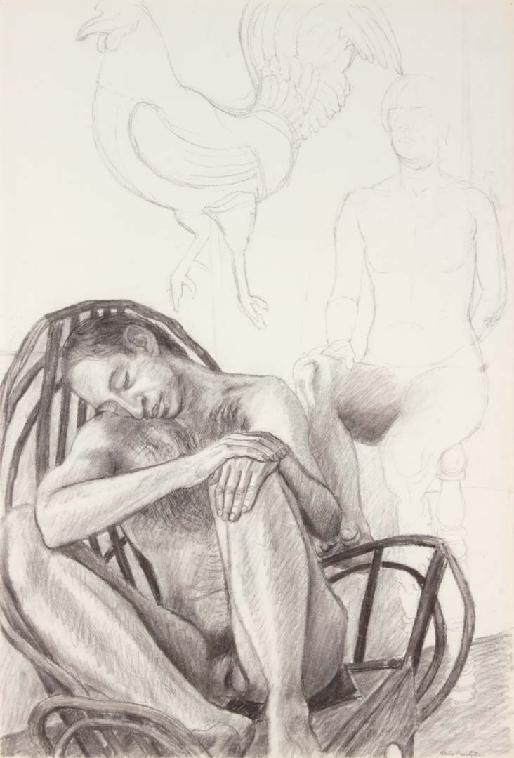 Two Seated Nudes with Wooden Rocking Chair and Rooster Charcoal on Paper 29.875 x 20.25