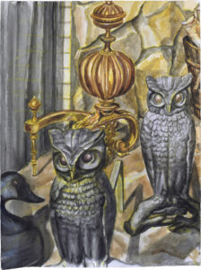 2021 Cast Iron Owl Andirons Watercolor on Paper 24 x 18 PP16816