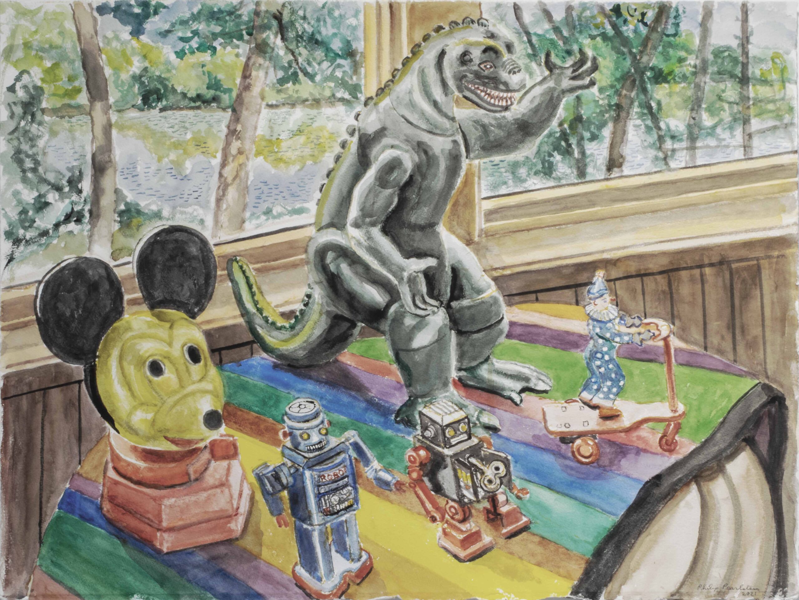 2021 Mickey Mouse Candy Dispenser and Godzilla Watercolor on Paper 22 x 30 PP17047
