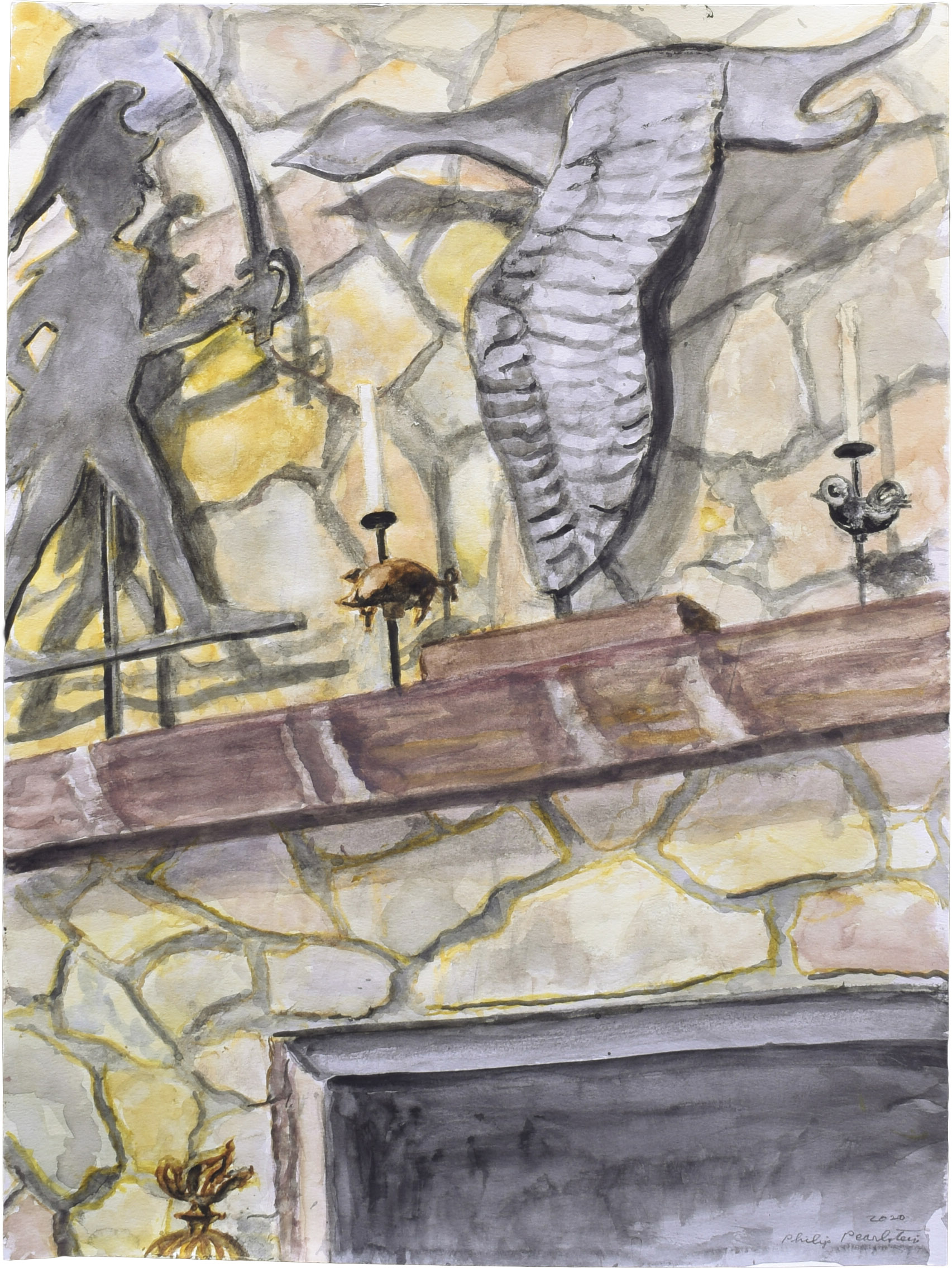 2021 Two Weathervanes Hessian Soldier Confronting a Flying Goose Watercolor on Paper 24 x 18 PP16810