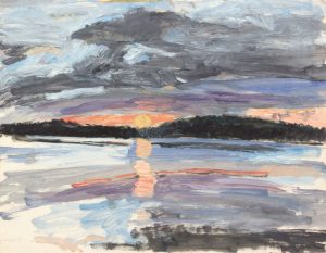 1955 Sunset Over Sea #2 Oil on Paper 16.875 x 21.75